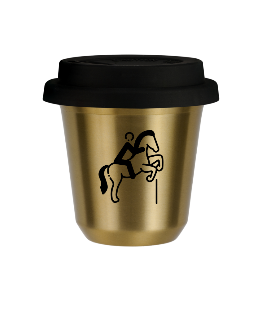 Tasse 150 ml OR "Équitation 1 (noir)", avec couvercle noir
