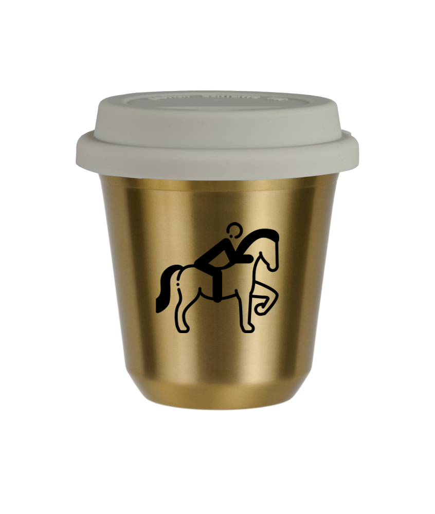 Tasse 150 ml OR "Équitation 2", avec couvercle blanc