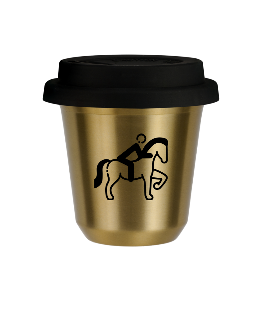 Tasse 150 ml OR "Équitation 2 (noir)", avec couvercle noir