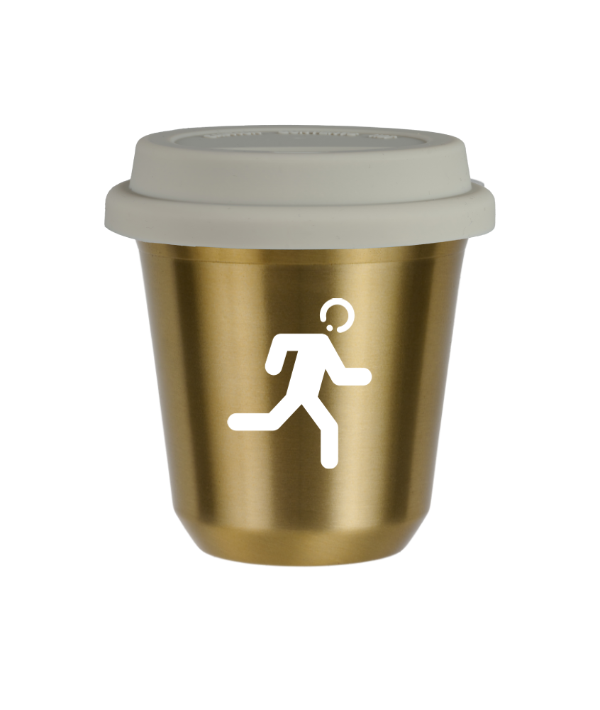 Tasse 150 ml OR "Coureur (blanc)", avec couvercle blanc Tasse 150 ml OR "Coureur (blanc)", avec couvercle blanc