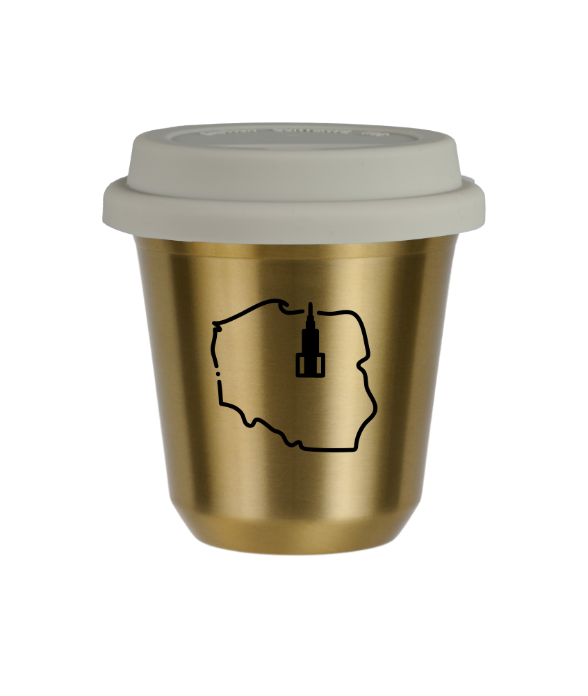 Tasse 150 ml OR "Pologne", avec couvercle blanc