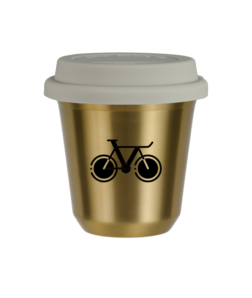 Tasse 150 ml OR "Vélo 1 (noir)", avec couvercle blanc