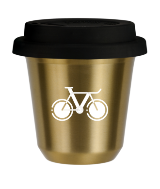 Tasse 150 ml OR "Vélo 1 (blanc)", avec couvercle noir Tasse 150 ml OR "Vélo 1 (blanc)", avec couvercle noir