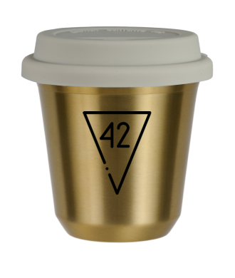 Tasse 150 ml OR "42 (noir)", avec couvercle blanc Tasse 150 ml OR "42 (noir)", avec couvercle blanc