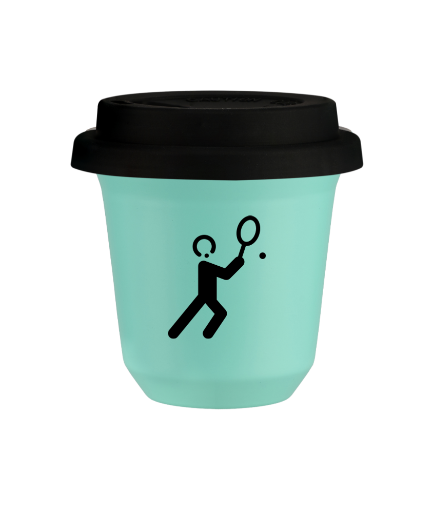 Tasse 150 ml TURQUOISE "Tennis 1", avec couvercle noir