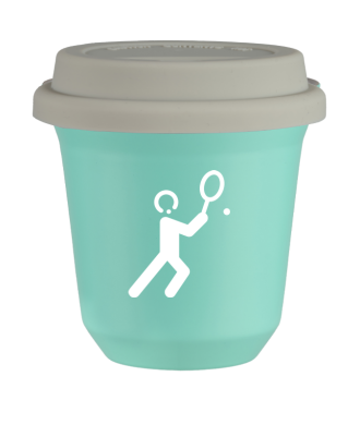 Tasse 150 ml TURQUOISE "Tennis 1 (blanc)", avec couvercle blanc Tasse 150 ml TURQUOISE "Tennis 1 (blanc)", avec couvercle blanc
