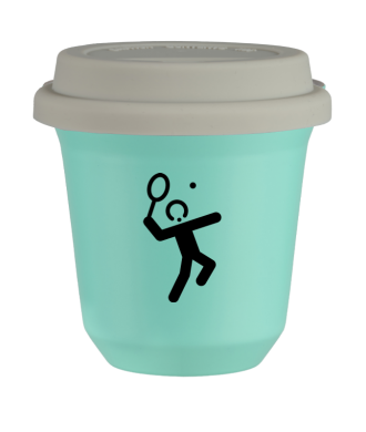 Tasse 150 ml TURQUOISE "Tennis 2", avec couvercle blanc Tasse 150 ml TURQUOISE "Tennis 2", avec couvercle blanc