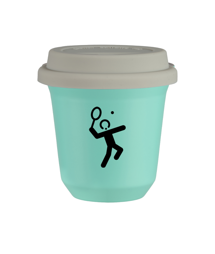 Tasse 150 ml TURQUOISE "Tennis 2", avec couvercle blanc