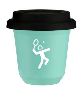 Tasse 150 ml TURQUOISE "Tennis 2 (blanc)", avec couvercle noir Tasse 150 ml TURQUOISE "Tennis 2 (blanc)", avec couvercle noir