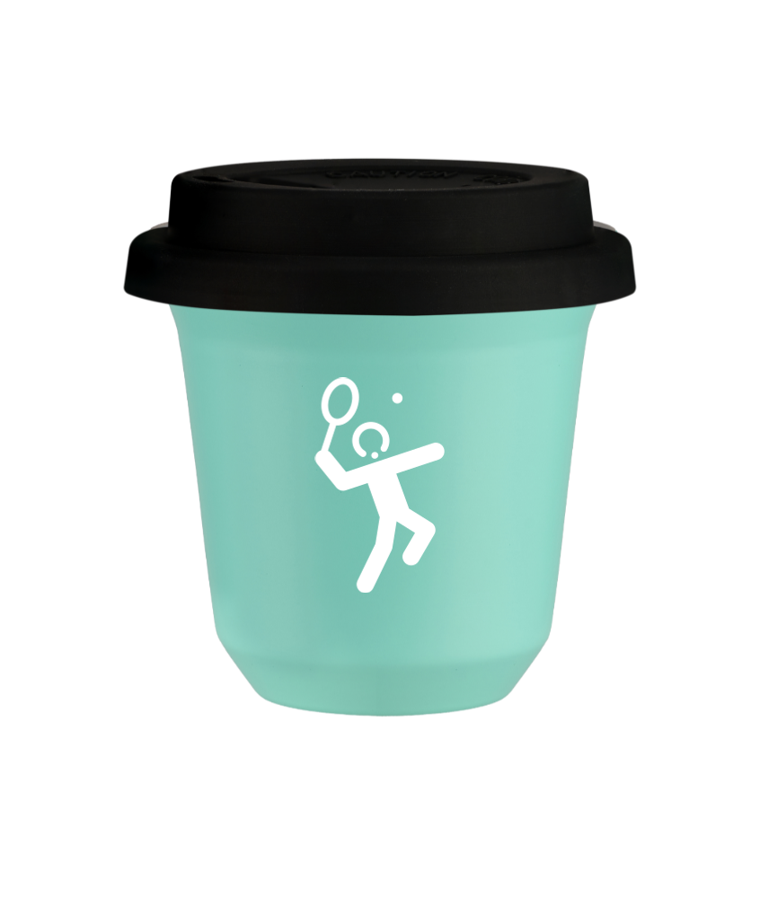 Tasse 150 ml TURQUOISE "Tennis 2 (blanc)", avec couvercle noir