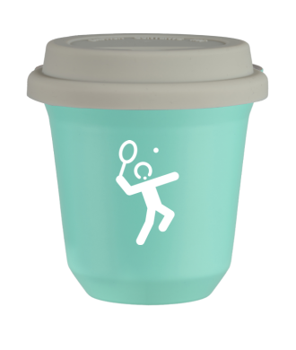 Tasse 150 ml TURQUOISE "Tennis 2 (blanc)", avec couvercle blanc Tasse 150 ml TURQUOISE "Tennis 2 (blanc)", avec couvercle blanc