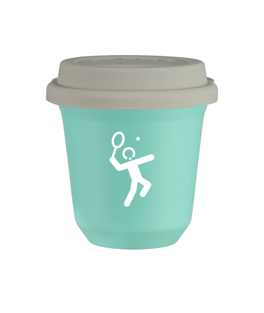 Tasse 150 ml TURQUOISE "Tennis 2 (blanc)", avec couvercle blanc