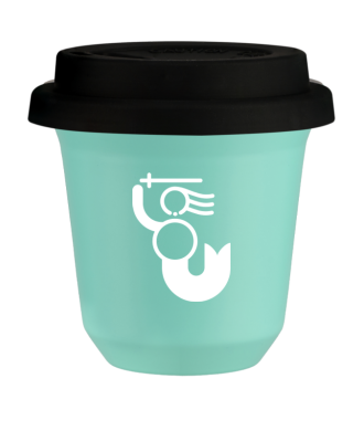 Tasse 150 ml TURQUOISE "WARSZAWSKA SYRENKA (blanc)", avec couvercle noir Tasse 150 ml TURQUOISE "WARSZAWSKA SYRENKA (blanc)", avec couvercle noir