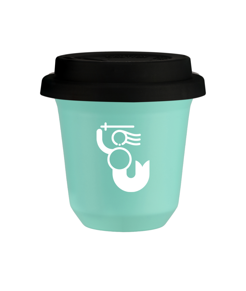 Tasse 150 ml TURQUOISE "WARSZAWSKA SYRENKA (blanc)", avec couvercle noir