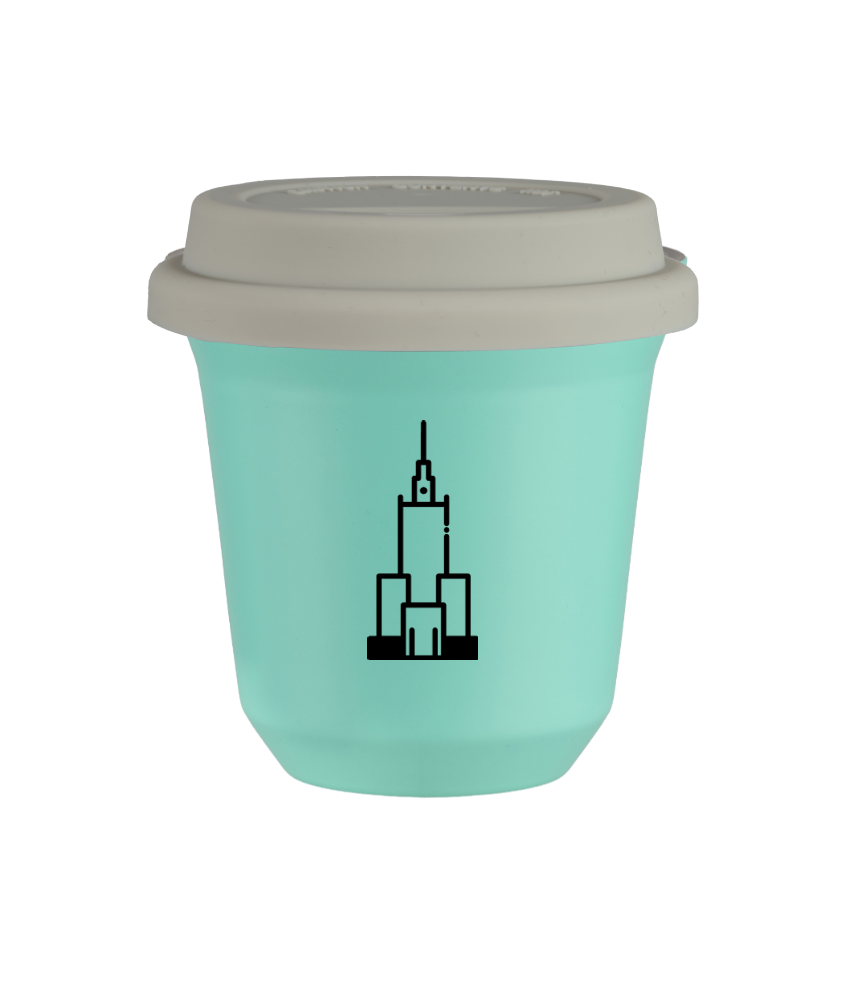 Tasse 150 ml TURQUOISE "Pałac kultury i nauki", avec couvercle blanc