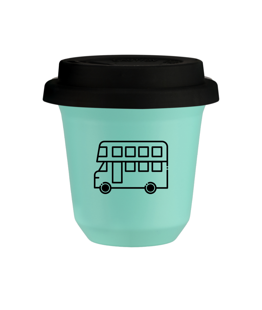 Tasse 150 ml TURQUOISE "Bus (noir)", avec couvercle noir
