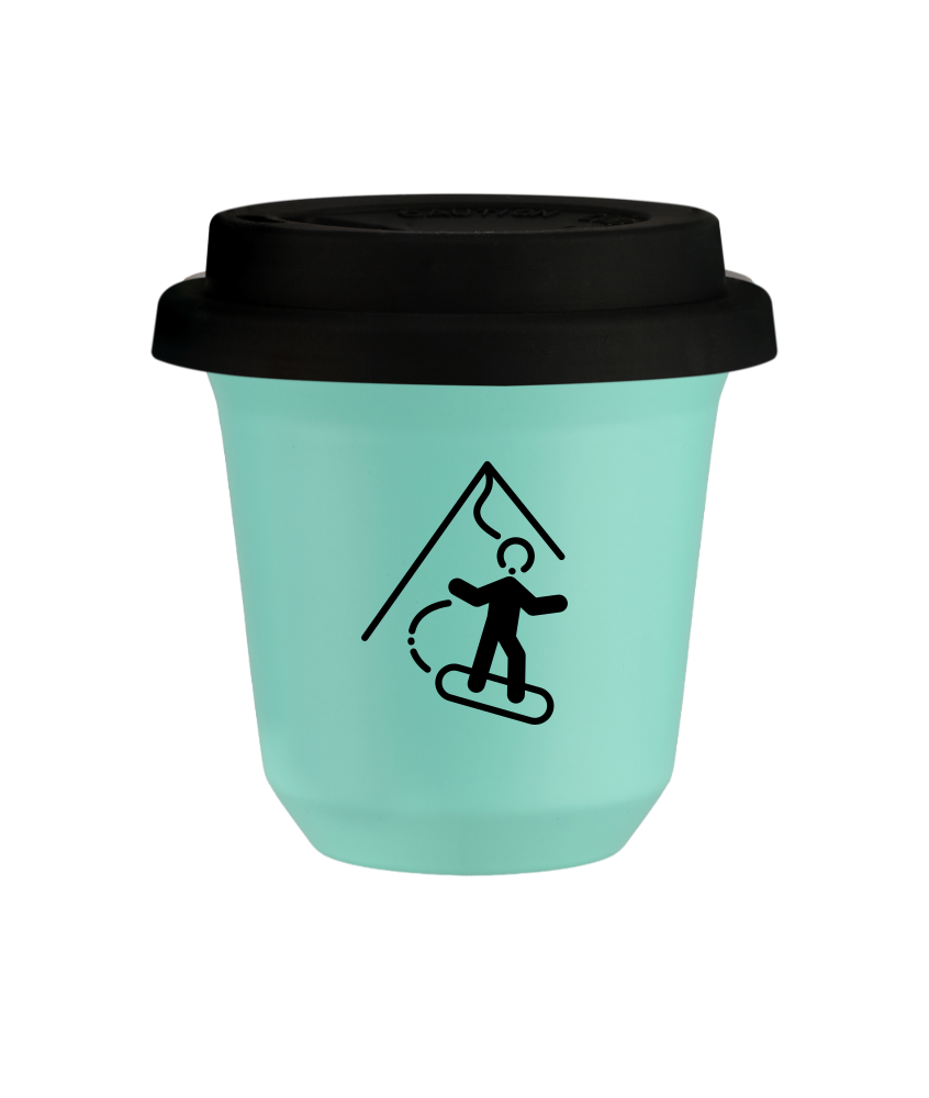 Tasse 150 ml TURQUOISE "Snowboard", avec couvercle noir