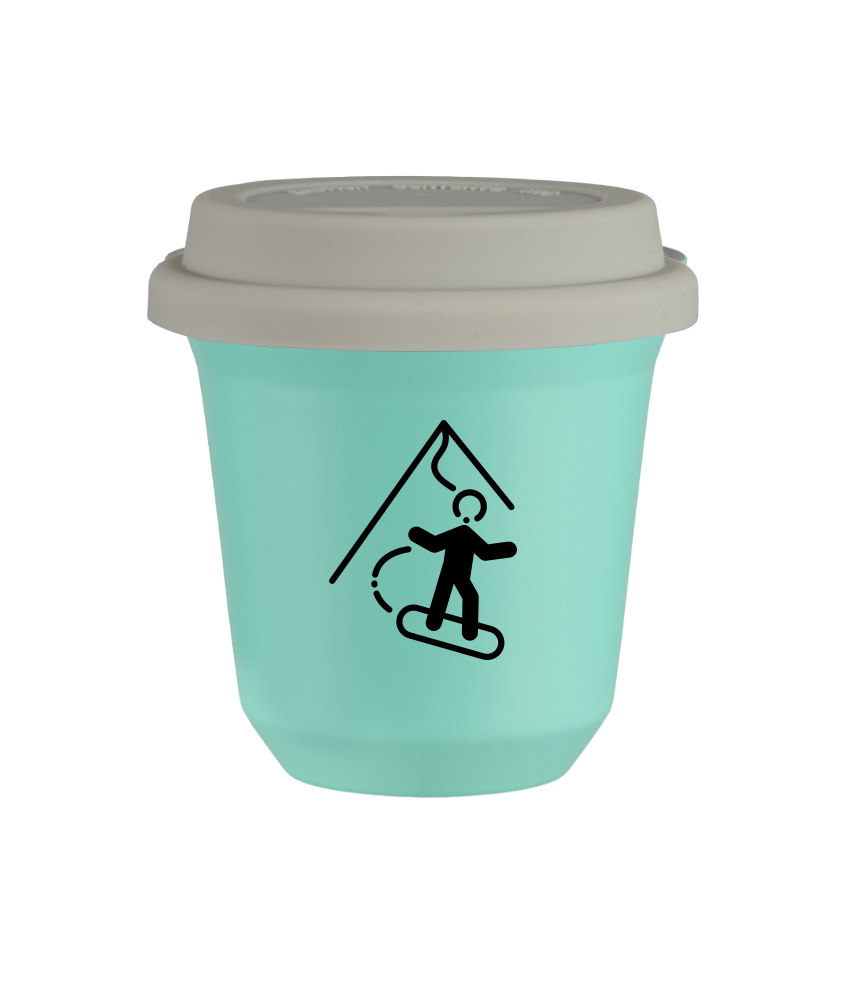 Tasse 150 ml TURQUOISE "Snowboard (noir)", avec couvercle blanc