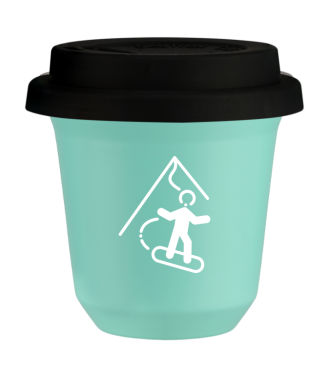 Tasse 150 ml TURQUOISE "Snowboard (blanc)", avec couvercle noir Tasse 150 ml TURQUOISE "Snowboard (blanc)", avec couvercle noir