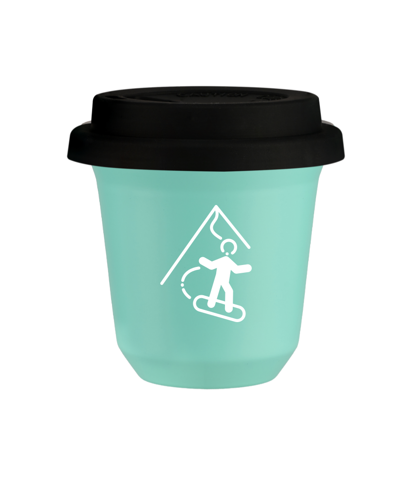 Tasse 150 ml TURQUOISE "Snowboard (blanc)", avec couvercle noir