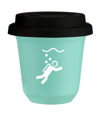 Tasse 150 ml TURQUOISE "Plongée (blanc)", avec couvercle noir Tasse 150 ml TURQUOISE "Plongée (blanc)", avec couvercle noir