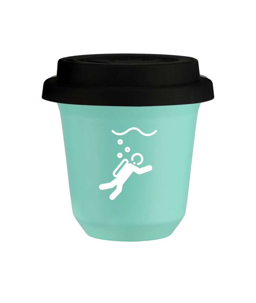 Tasse 150 ml TURQUOISE "Plongée (blanc)", avec couvercle noir