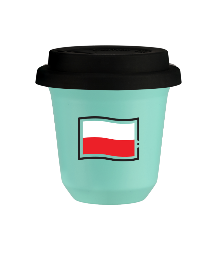 Tasse 150 ml TURQUOISE "Drapeau polonais", avec couvercle noir