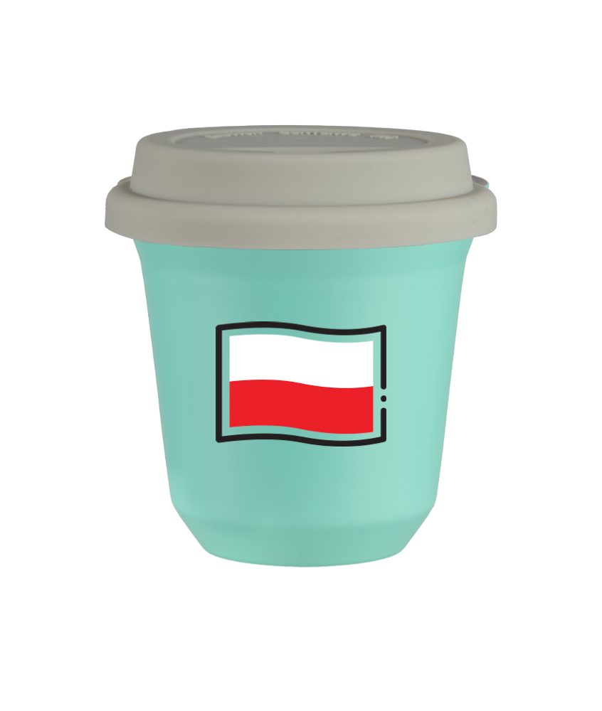 Tasse 150 ml TURQUOISE "Drapeau polonais (noir)", avec couvercle blanc