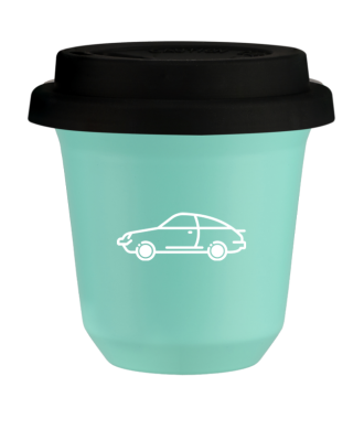 Tasse 150 ml TURQUOISE "Voiture (blanc)", avec couvercle noir Tasse 150 ml TURQUOISE "Voiture (blanc)", avec couvercle noir