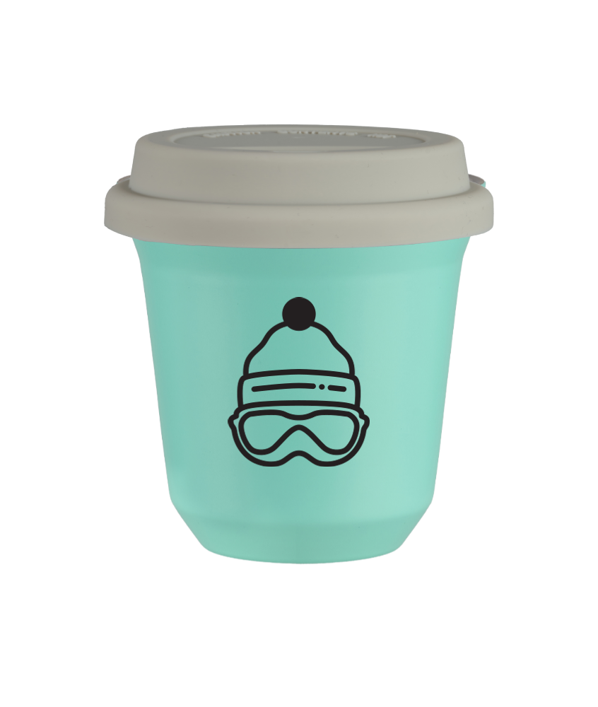 Tasse 150 ml TURQUOISE "Casquette (noir)", avec couvercle blanc