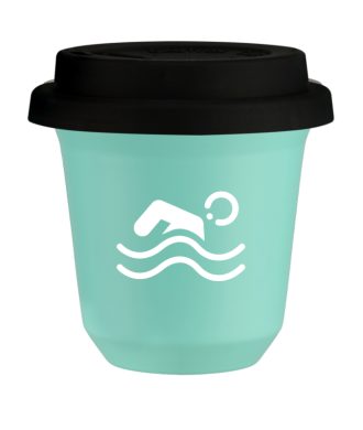 Tasse 150 ml TURQUOISE "Natation (blanc)", avec couvercle noir Tasse 150 ml TURQUOISE "Natation (blanc)", avec couvercle noir