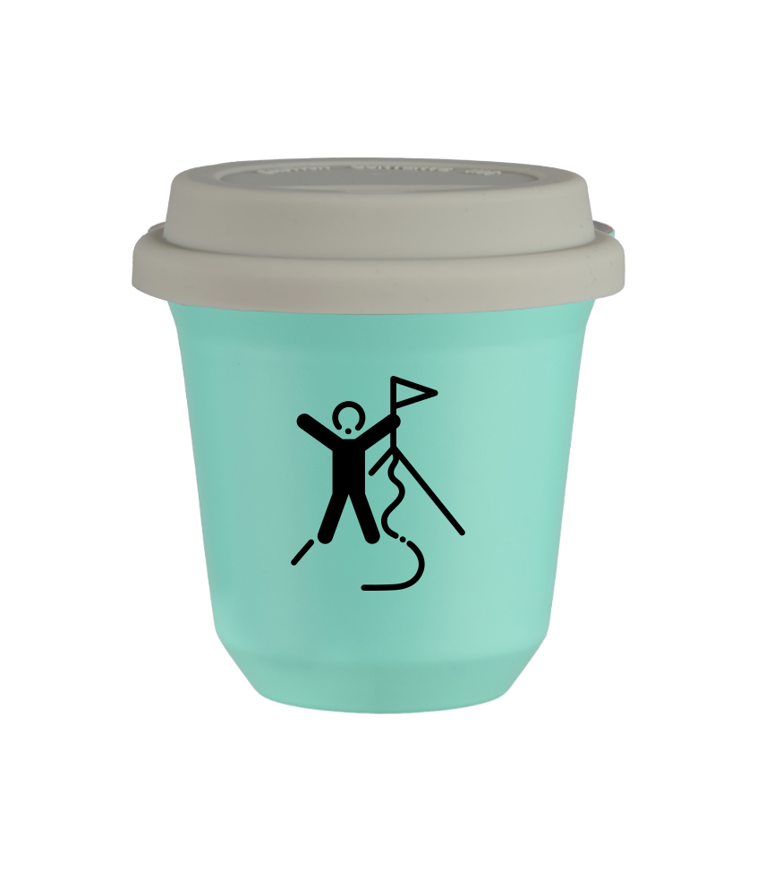 Tasse 150 ml TURQUOISE "Escalade 1 (noir)", avec couvercle blanc