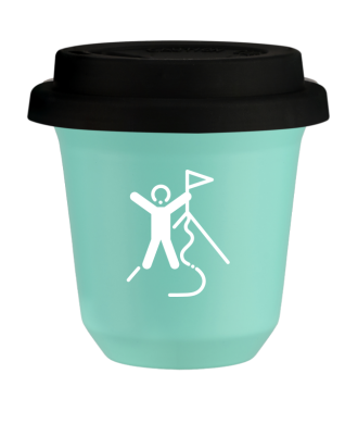 Tasse 150 ml TURQUOISE "Escalade 1 (blanc)", avec couvercle noir Tasse 150 ml TURQUOISE "Escalade 1 (blanc)", avec couvercle noir