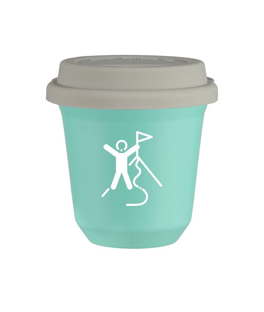 Tasse 150 ml TURQUOISE "Escalade 1 (blanc)", avec couvercle blanc