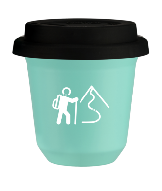 Tasse 150 ml TURQUOISE "Escalade 2 (blanc)", avec couvercle noir Tasse 150 ml TURQUOISE "Escalade 2 (blanc)", avec couvercle noir