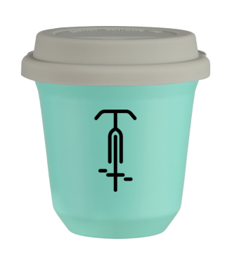 Tasse 150 ml TURQUOISE "Cyclisme 1", avec couvercle blanc Tasse 150 ml TURQUOISE "Cyclisme 1", avec couvercle blanc