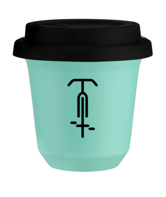 Tasse 150 ml TURQUOISE "Cyclisme 1 (noir)", avec couvercle noir Tasse 150 ml TURQUOISE "Cyclisme 1 (noir)", avec couvercle noir
