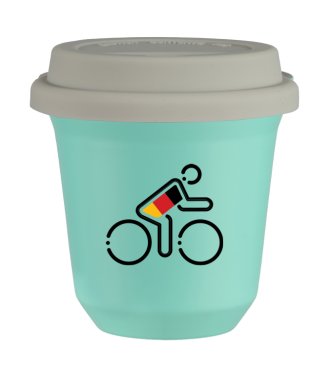 Tasse 150 ml TURQUOISE "Cycliste aux couleurs allemandes", avec couvercle blanc Tasse 150 ml TURQUOISE "Cycliste aux couleurs allemandes", avec couvercle blanc