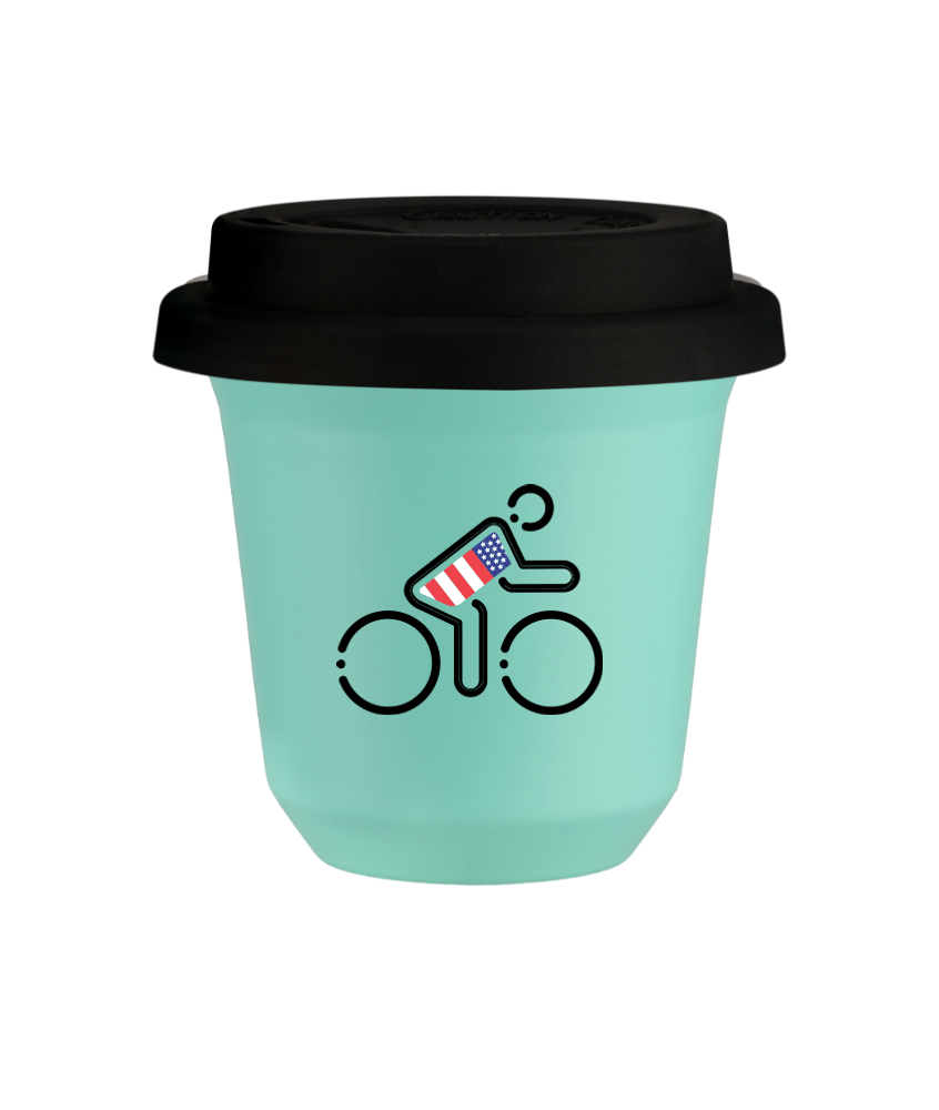 Tasse 150 ml TURQUOISE "Cycliste aux couleurs britanniques (noir)", avec couvercle noir