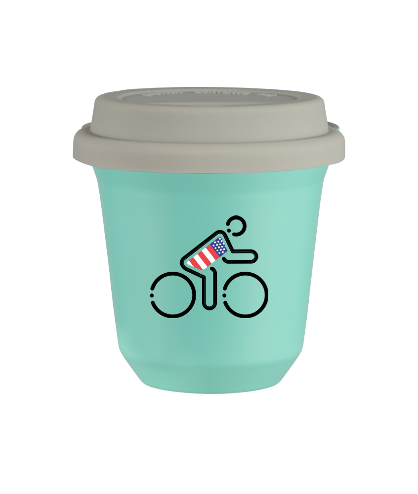 Tasse 150 ml TURQUOISE "Cycliste aux couleurs britanniques (noir)", avec couvercle blanc
