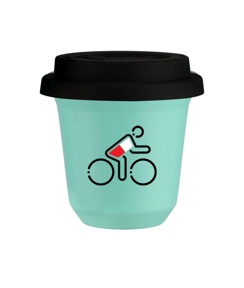 Tasse 150 ml TURQUOISE "Cycliste aux couleurs polonaises", avec couvercle noir