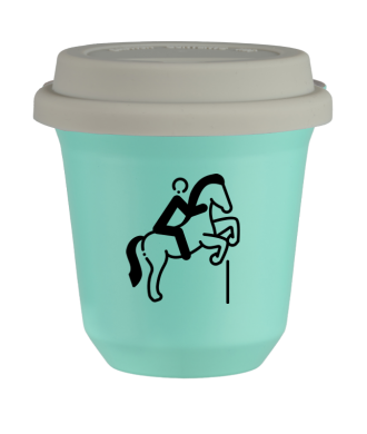 Tasse 150 ml TURQUOISE "Équitation 1 (noir)", avec couvercle blanc Tasse 150 ml TURQUOISE "Équitation 1 (noir)", avec couvercle blanc