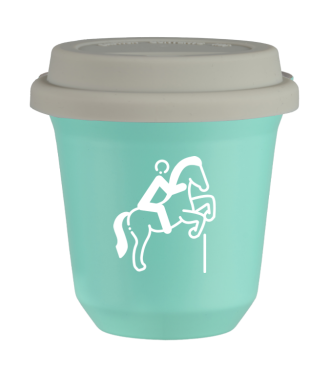 Tasse 150 ml TURQUOISE "Équitation 1 (blanc)", avec couvercle blanc Tasse 150 ml TURQUOISE "Équitation 1 (blanc)", avec couvercle blanc