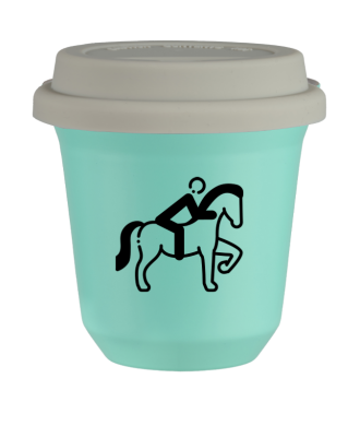Tasse 150 ml TURQUOISE "Équitation 2", avec couvercle blanc Tasse 150 ml TURQUOISE "Équitation 2", avec couvercle blanc