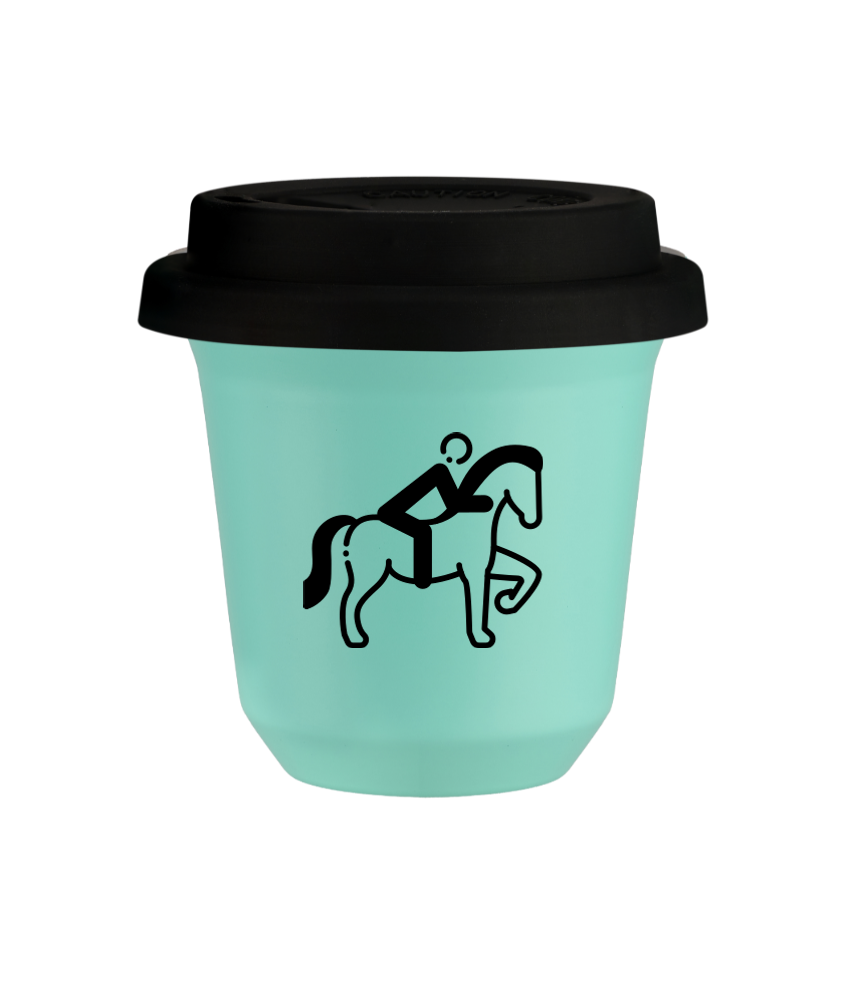 Tasse 150 ml TURQUOISE "Équitation 2 (noir)", avec couvercle noir