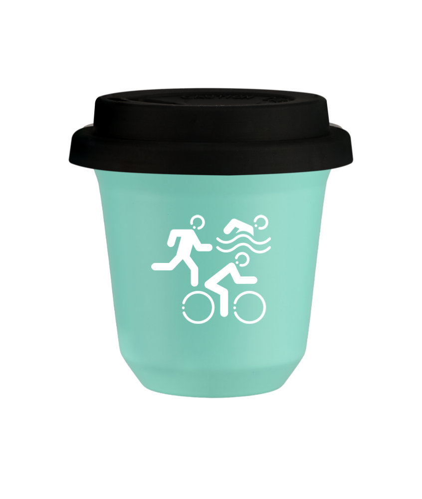 Tasse 150 ml TURQUOISE "Sports (blanc)", avec couvercle noir