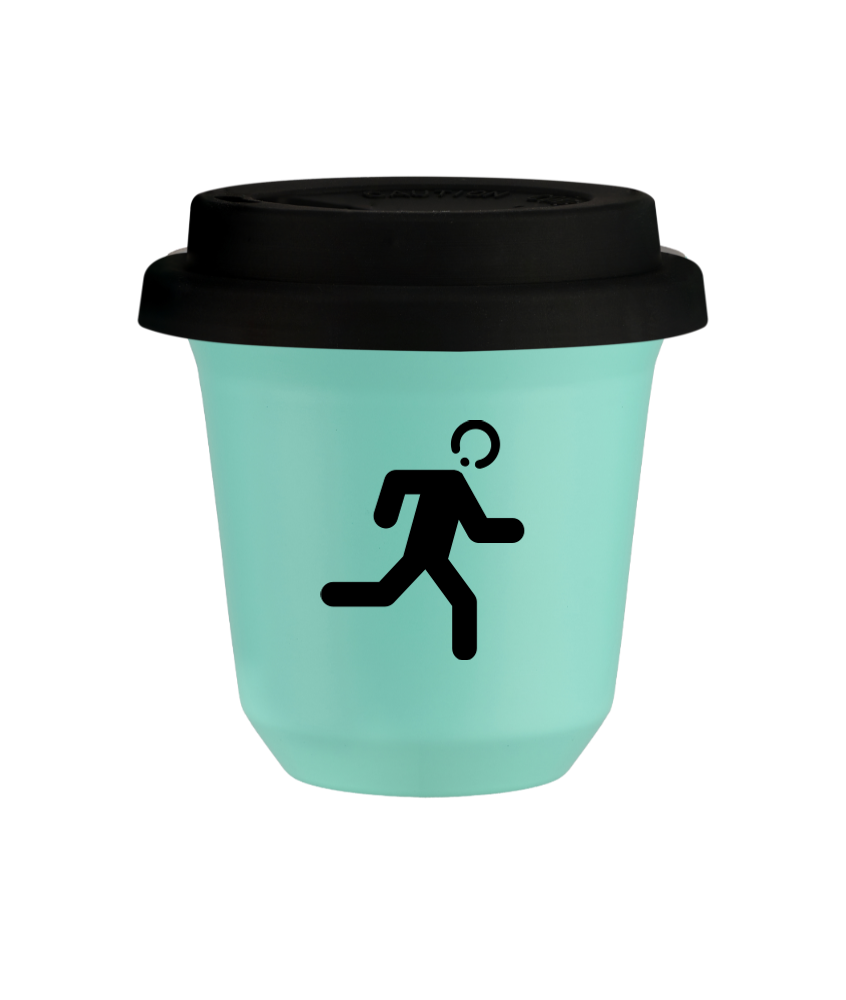 Tasse 150 ml TURQUOISE "Coureur", avec couvercle noir