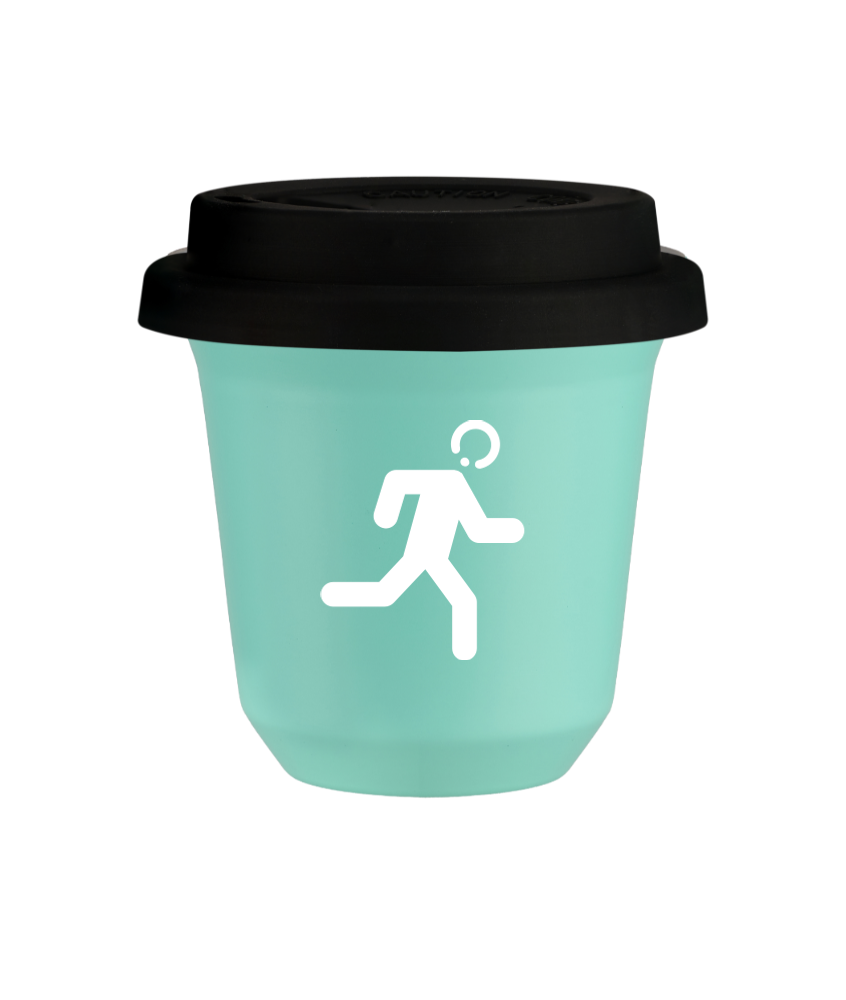 Tasse 150 ml TURQUOISE "Coureur (blanc)", avec couvercle noir