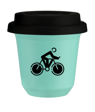 Tasse 150 ml TURQUOISE "Cyclisme 2", avec couvercle noir Tasse 150 ml TURQUOISE "Cyclisme 2", avec couvercle noir