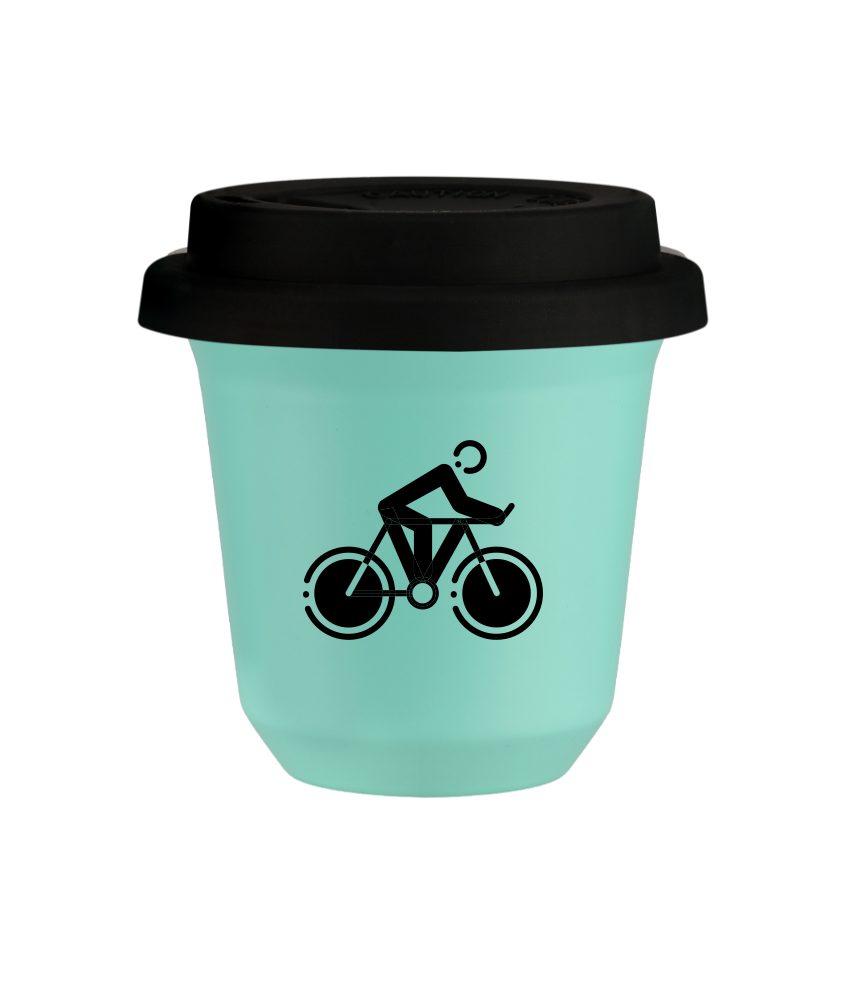 Tasse 150 ml TURQUOISE "Cyclisme 2 (noir)", avec couvercle noir